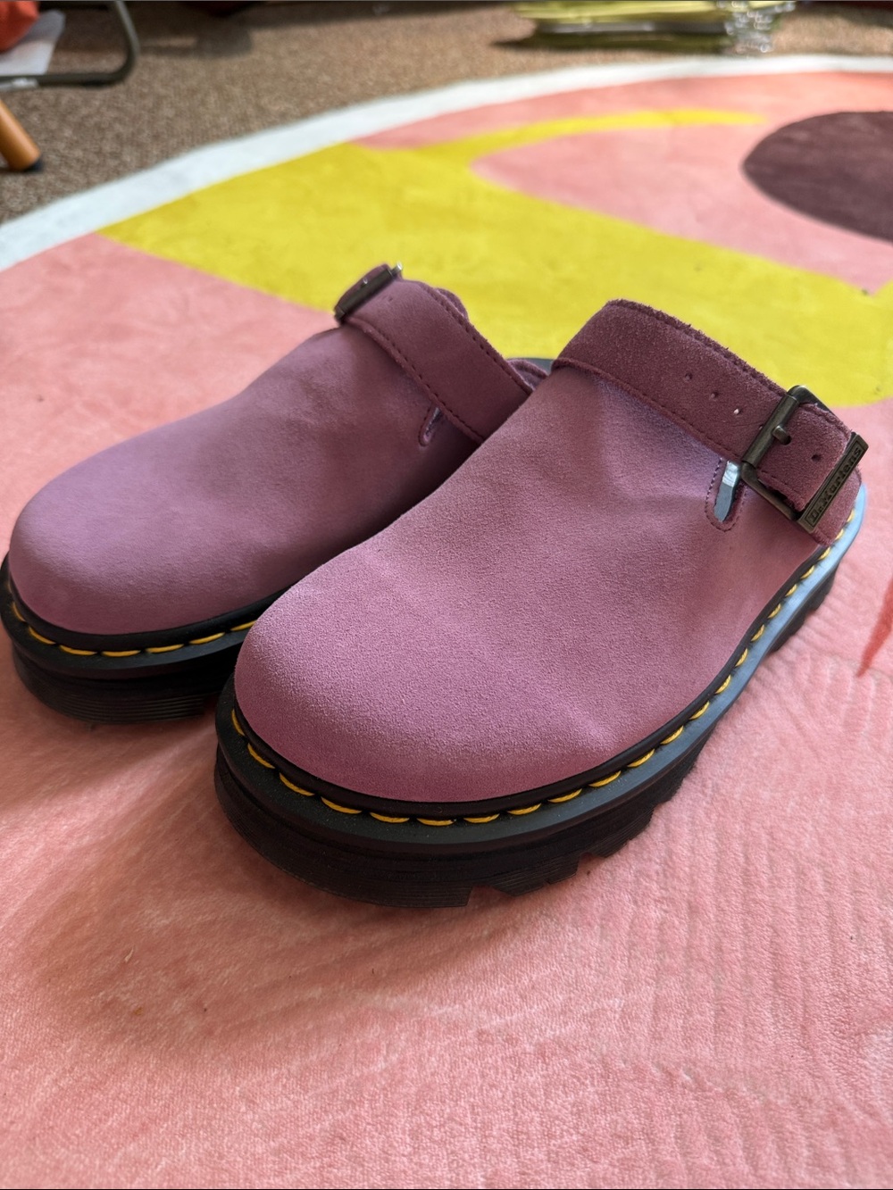 Dr. Martens airware Pink Suede Buckle Clogs